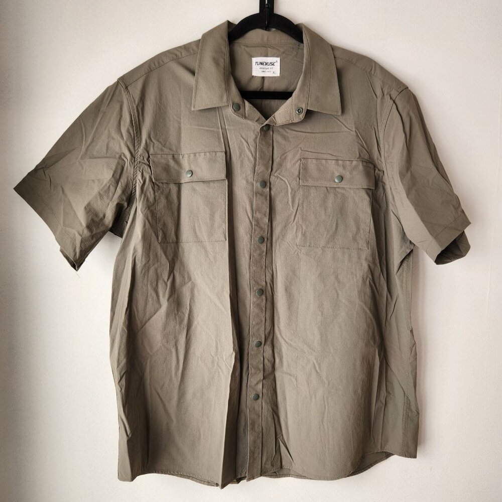 Tunevuse Short Sleeve Military Green Tactical Shirt Ripstop Hiking Outdoors XL